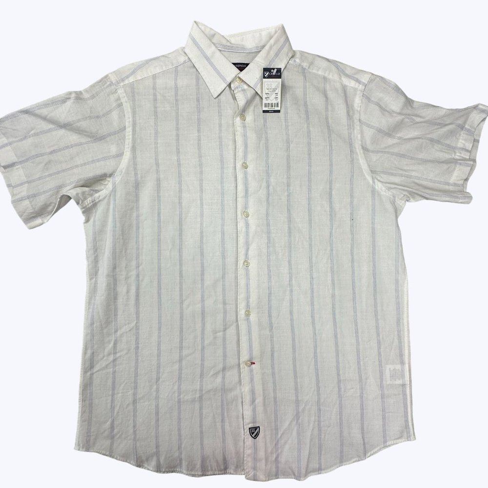 Cremeiux NWT Men's Short Sleeve Shirt Size Large White with blue stripes‎